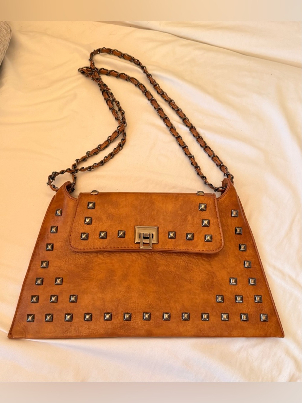 Women's Brown Studded Shoulder Crossbody Bag Twist-Lock Closure Vegan Leather